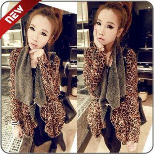 2012 autumn and winter women plush leopard print cardigan simple fashion irregular outerwear trench