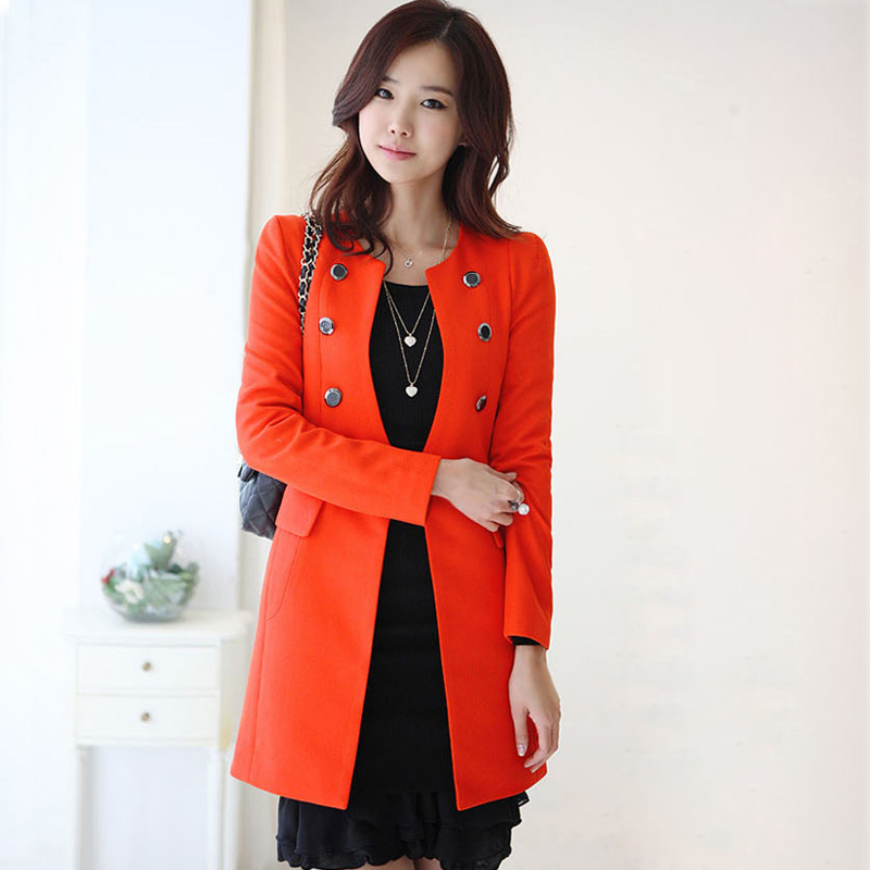 2012 autumn and winter women red trench o-neck slim double breasted medium-long outerwear formal