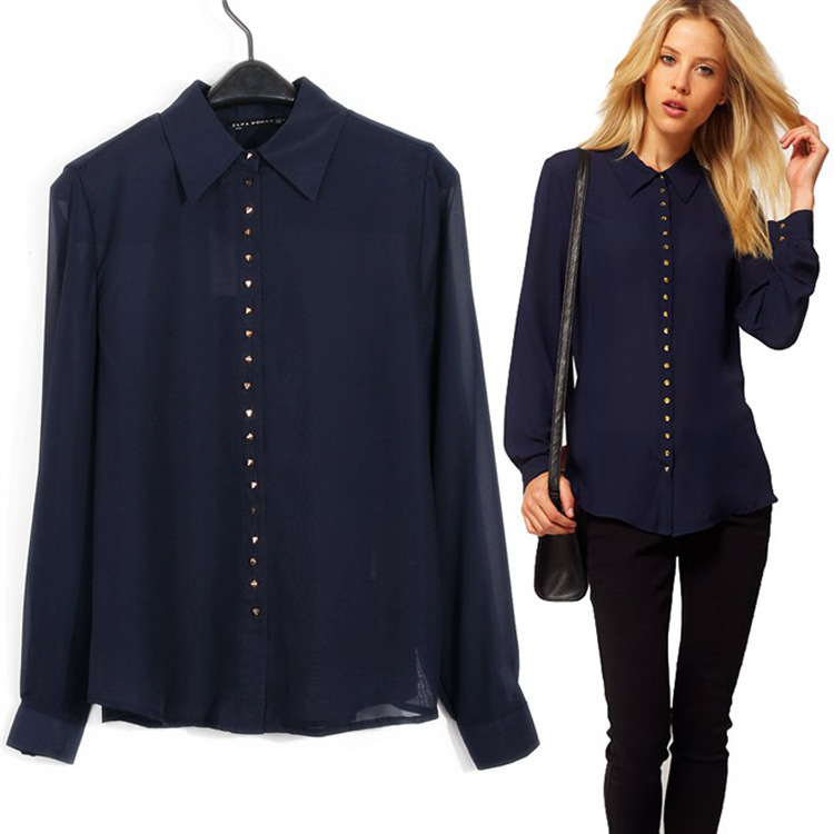 2012 autumn and winter Women Rivets Single Breasted Long-sleeved Chiffon Shirt 8996