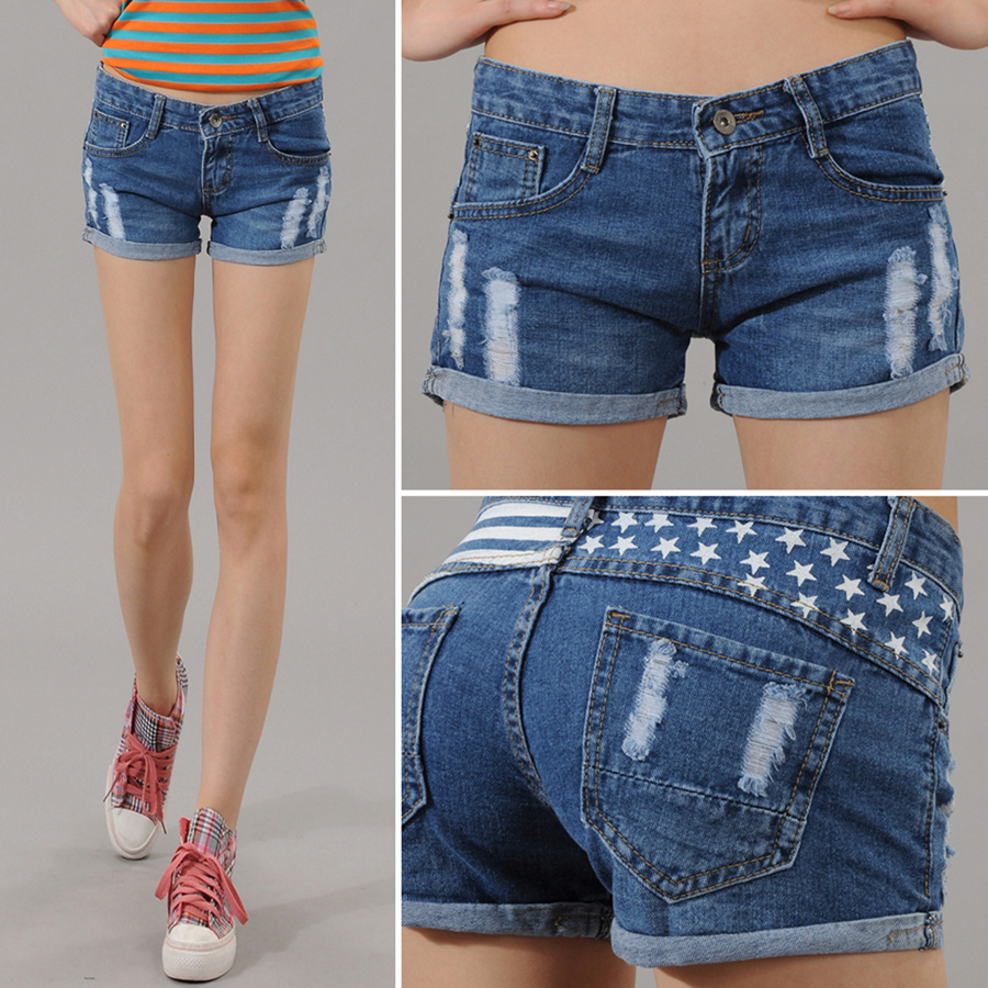 2012 autumn and winter women roll up hem distrressed blue women's denim shorts 615