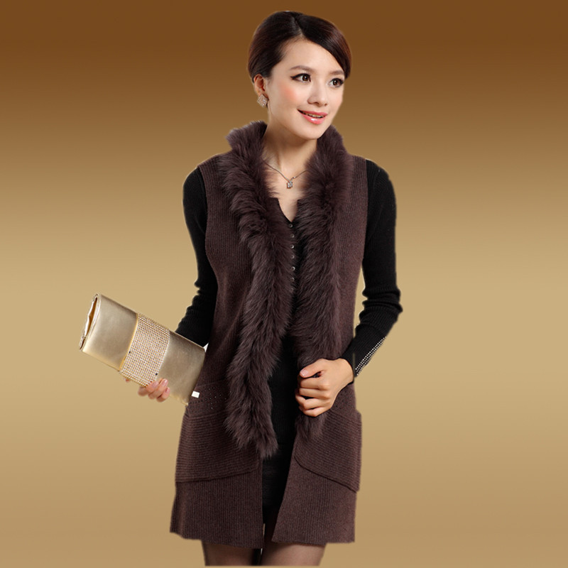 2012 autumn and winter women's cardigan high quality fur collar medium-long cashmere sweater vest outerwear