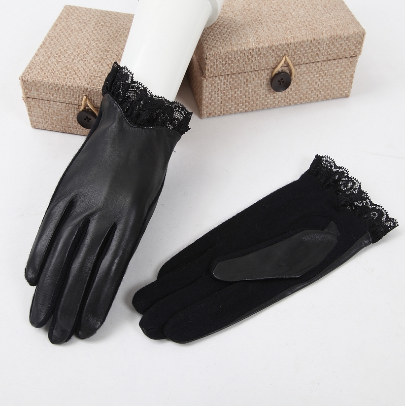 2012 autumn and winter women's genuine leather gloves thermal sheepskin thin lace decoration