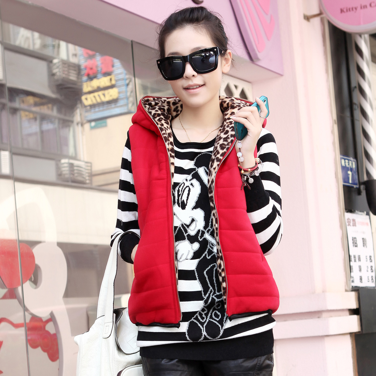 2012 autumn and winter women sleeveless reversible leopard print vest plus velvet hooded vest female