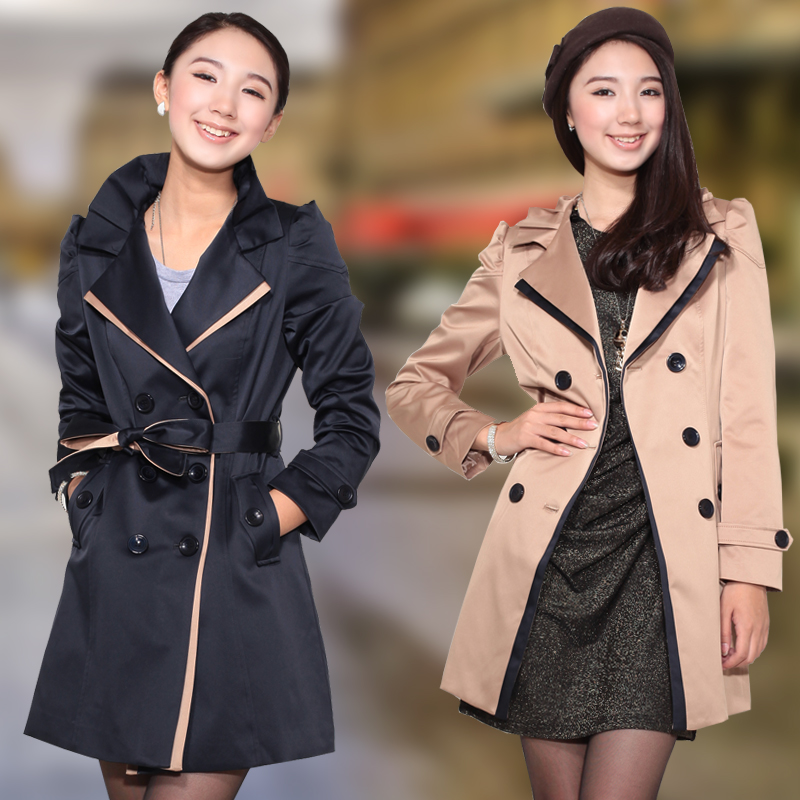 2012 autumn and winter women slim fashion trench outerwear female double breasted pleated trimmed trench