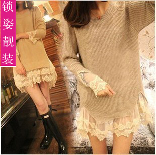 2012 autumn and winter women slim lace decoration sweater solid color long-sleeve o-neck pullover sweater dress basic shirt