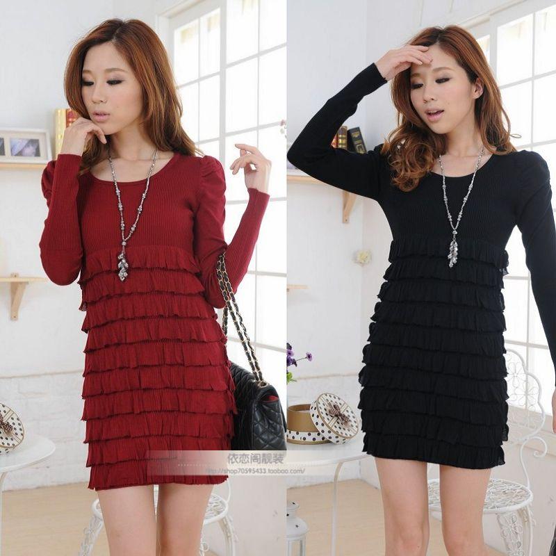 2012 autumn and winter women slim medium-long puff sleeve cake one-piece dress knitted (WC005)