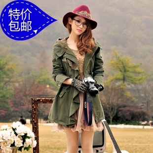 2012 autumn and winter women slim medium-long trench new arrival lace ruffle olive outerwear vintage outerwear