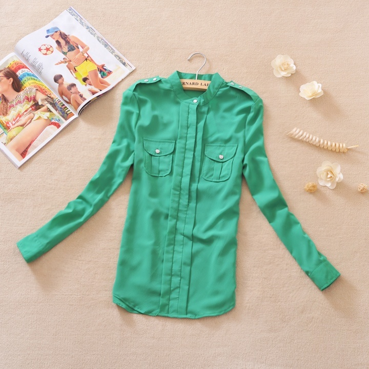 2012 autumn and winter women vintage epaulette pocket loose casual long-sleeve chiffon shirt 3