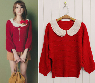 2012 autumn and winter women vivi vintage double layer peter pan collar loose knitted sweater , Free Shipping