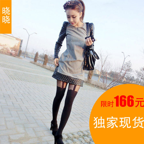 2012 autumn and winter woolen one-piece dress patchwork leather shoulder pads small long-sleeve one-piece dress skirt