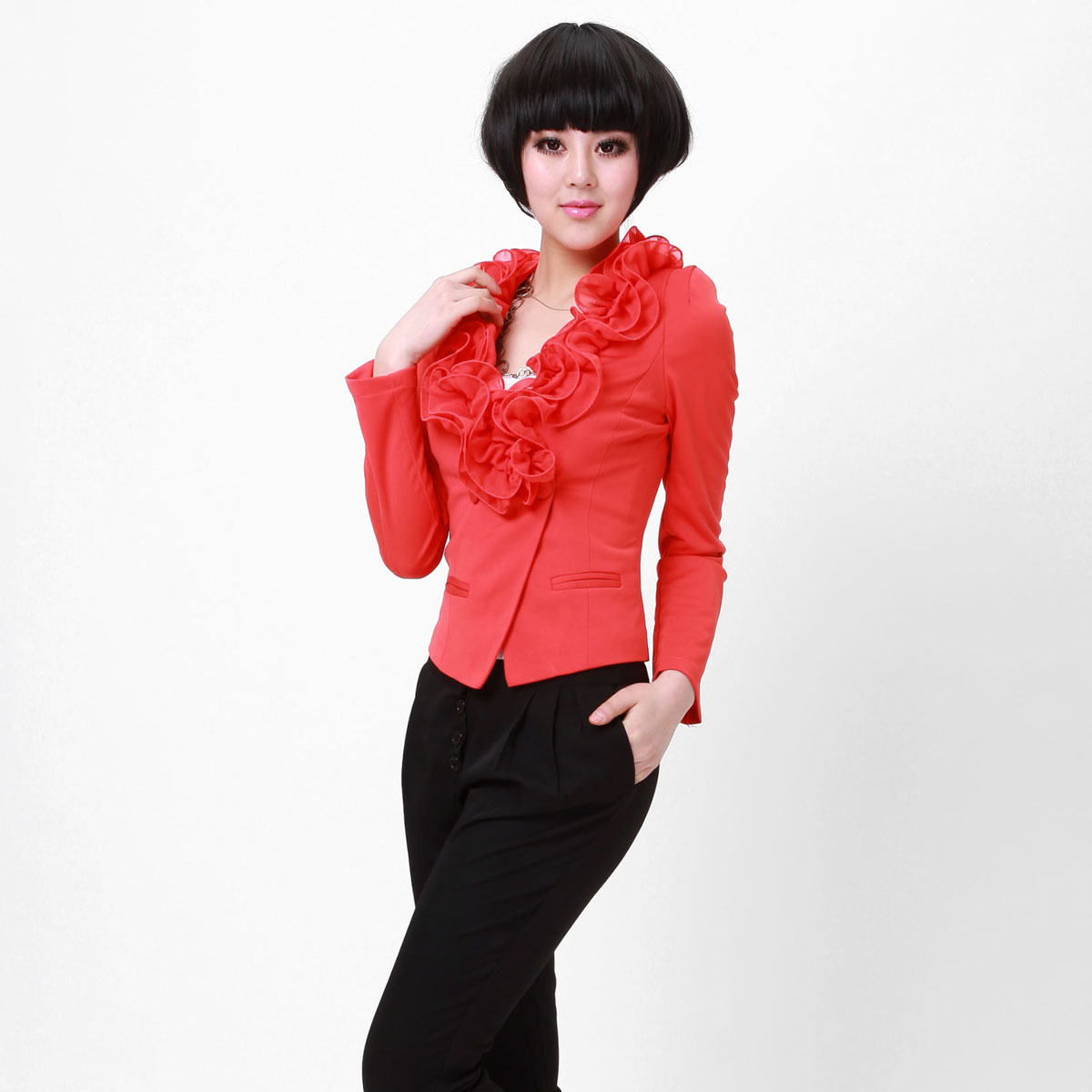 2012 autumn blazer repair short design outerwear long-sleeve blazer ruffle V-neck