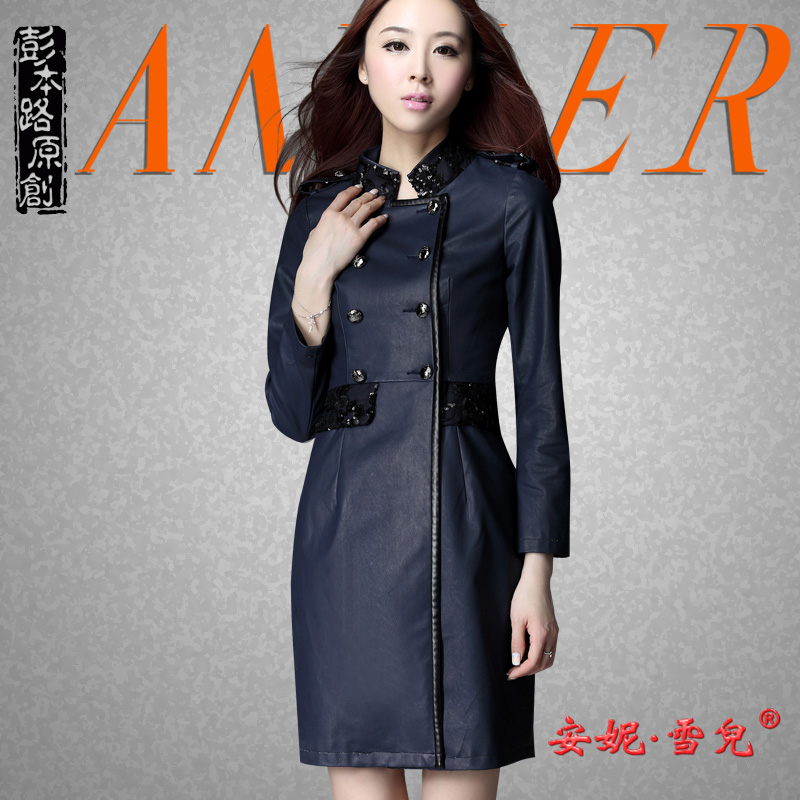 2012 autumn british style double breasted stand collar high quality leather one-piece dress 3389