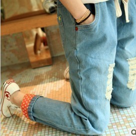 2012 autumn candy polka dot roll-up hem bf loose hole jeans casual trousers