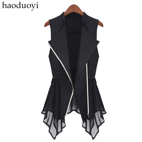 2012 autumn, Color block zipper patchwork irregular chiffon blouses slim waist design excellent motorcycle vest free shipping