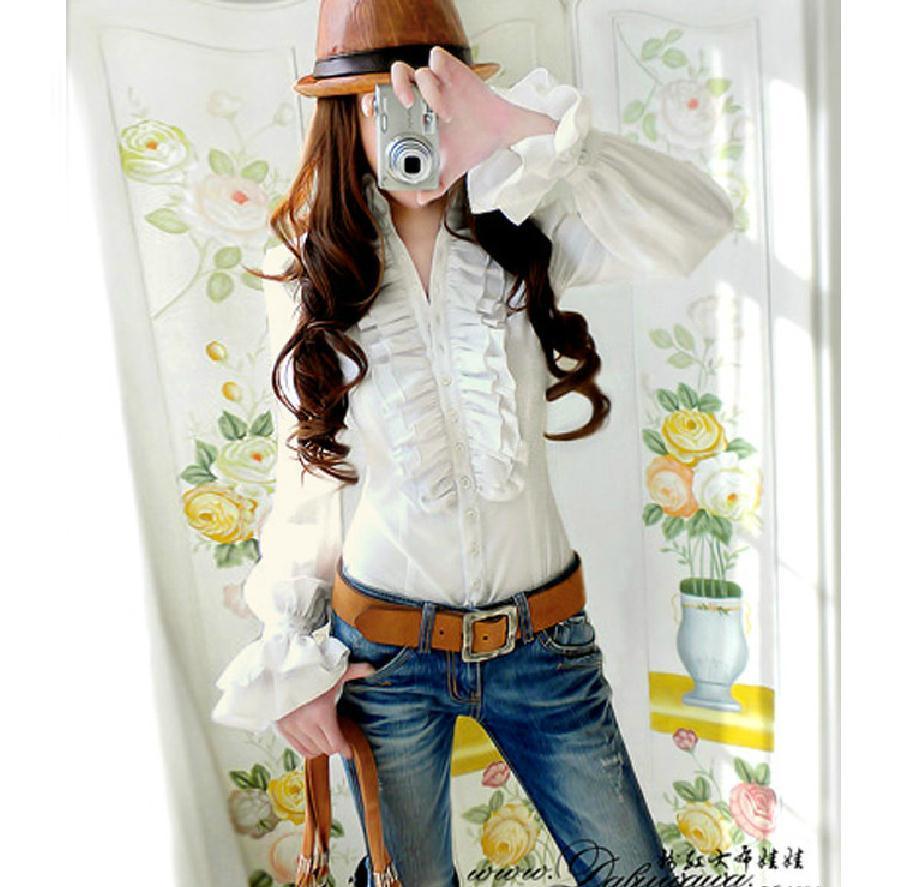 2012 autumn double layer ruffle slim flare sleeve long-sleeve women's shirt