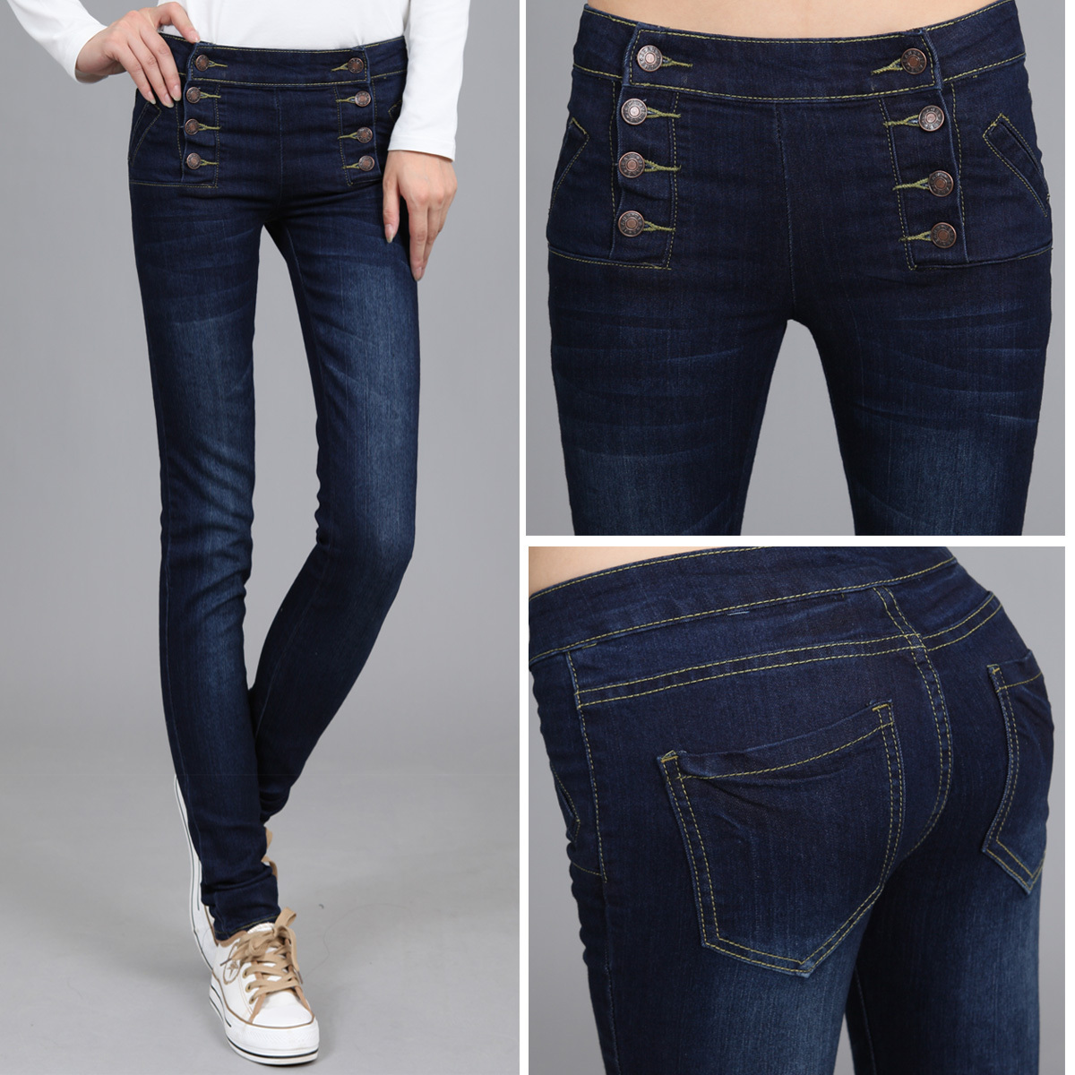 2012 autumn elastic double breasted pencil pants jeans female mid waist long trousers