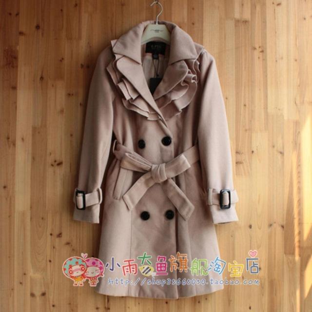 2012 autumn elegant ruffle double breasted lacing long overcoat trench woolen outerwear beige