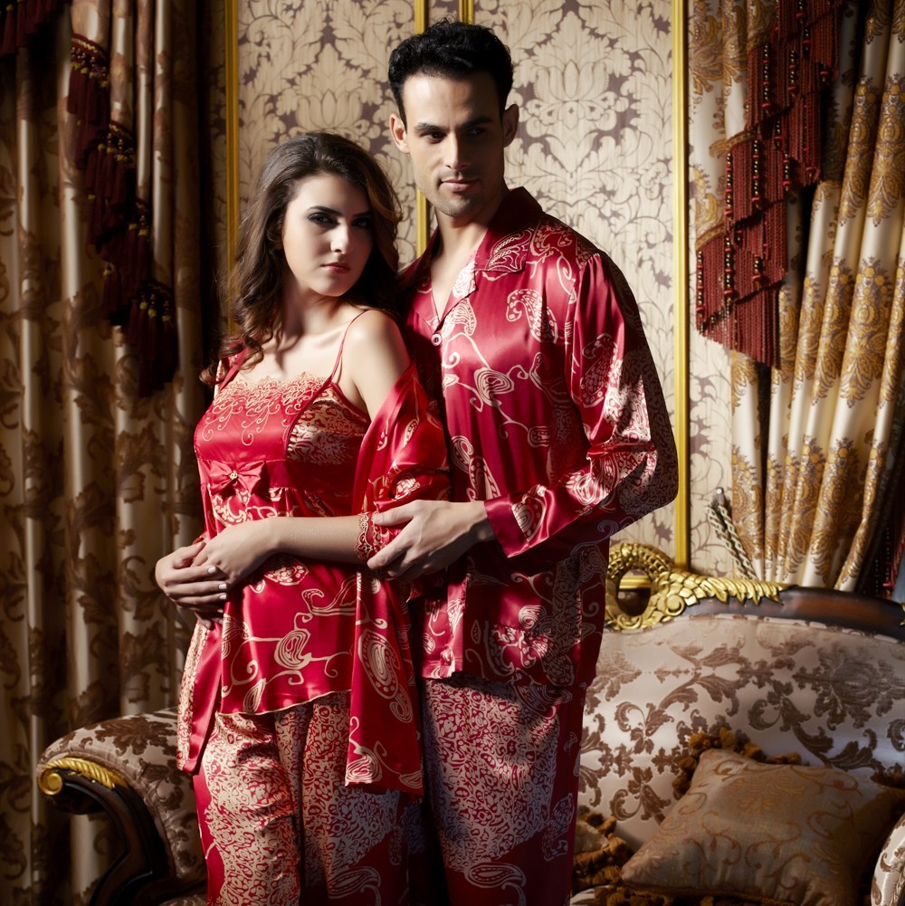 2012 autumn fanny red marry lovers sleepwear plus size faux silk sleepwear