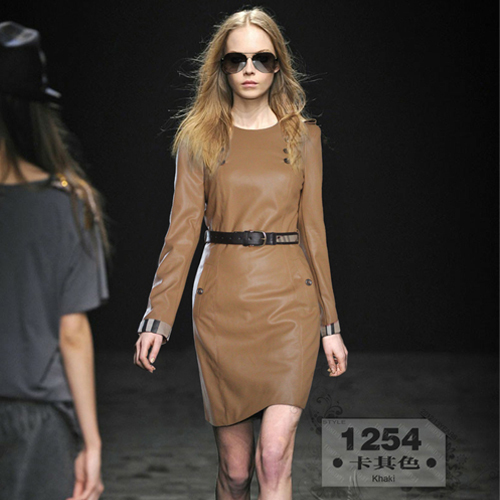 2012 autumn fashion artificial leather PU o-neck long-sleeve slim one-piece dress street