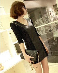 2012 autumn fashion autumn and winter slim punk lace patchwork rivet long-sleeve leather one-piece dress