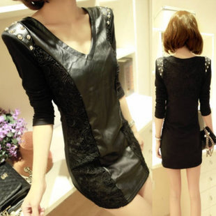 2012 autumn fashion autumn and winter slim punk lace patchwork rivet long-sleeve leather one-piece dress