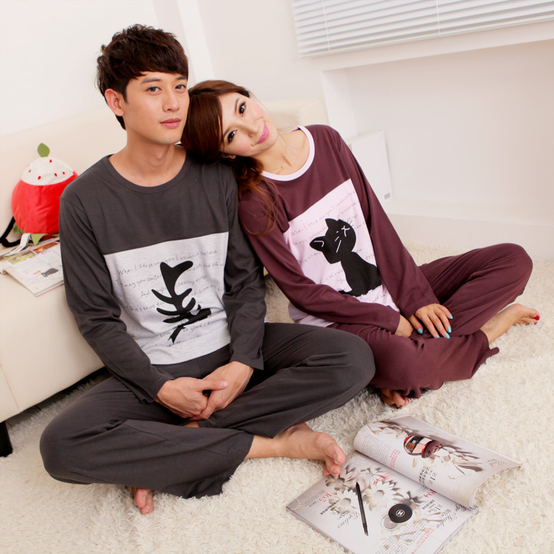 2012 autumn fashion cartoon cat fish lovers sleepwear male Women solid color long-sleeve sleepwear female lounge set