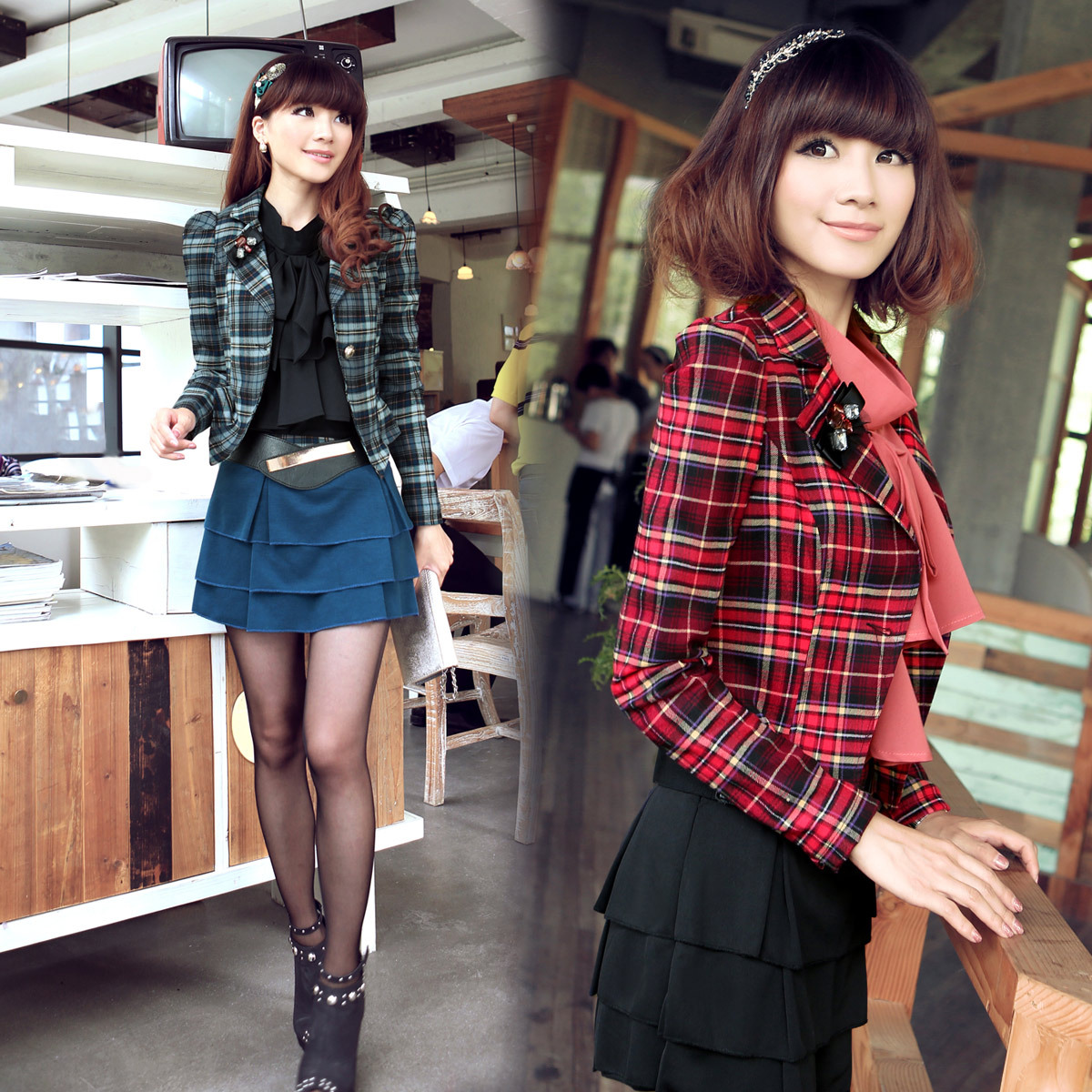 2012 autumn fashion classic twinset plaid coat pleated skirt corsage belt