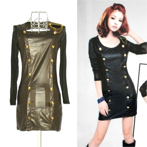 2012 autumn fashion double breasted epaulette leather sexy women's racerback slim long-sleeve dress