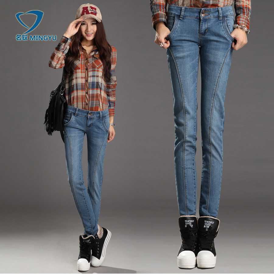 2012 autumn fashion elastic slim patchwork pencil pants denim female trousers