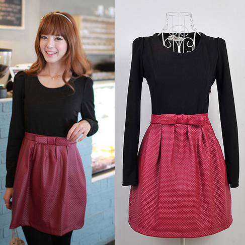 2012 autumn fashion leather patchwork gentlewomen sweet o-neck puff long-sleeve dress