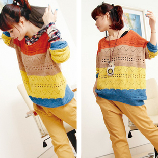 2012 Autumn  fashion multicolour stripe cutout wave loose ladies' pullover sweater women knitwear beige/orange free shipping