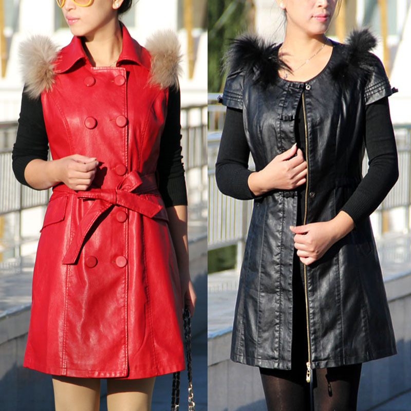 2012 autumn fashion plus size clothing PU skirt one-piece dress sleeveless leather clothing trench overcoat