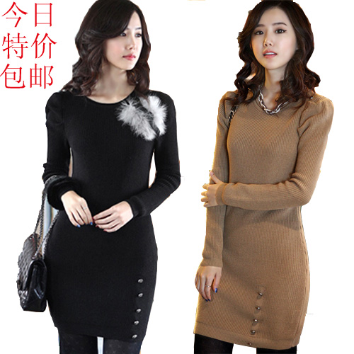 2012 autumn fashion puff sleeve medium-long basic sweater slim hip sweater female