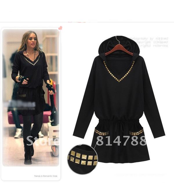 2012 autumn fashion punk women's rivet 100% cotton long-sleeve hooded fashion dress free shipping