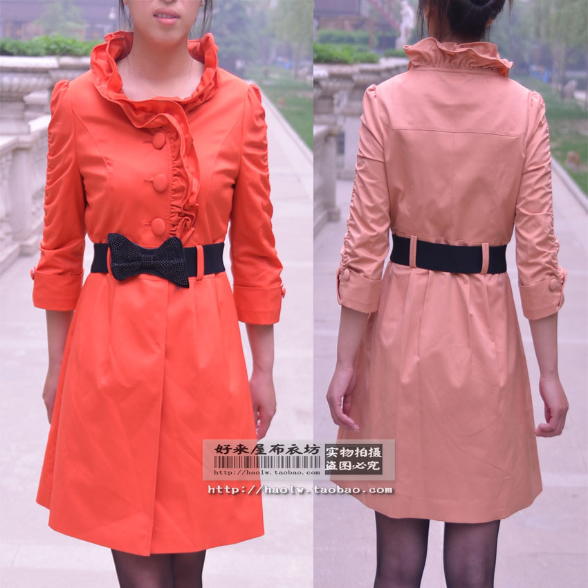 2012 autumn fashion ruffle hem three quarter sleeve medium-long women's trench outerwear plus size xxxl