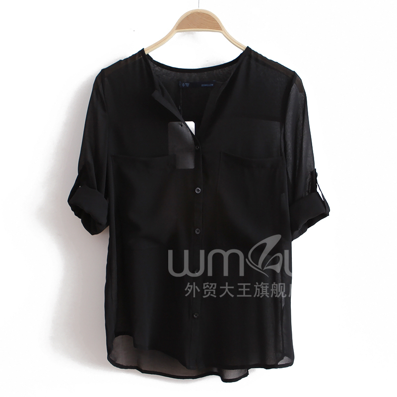 2012 autumn fashion solid color transparent V-neck long-sleeve loose women's chiffon shirt female wc1259