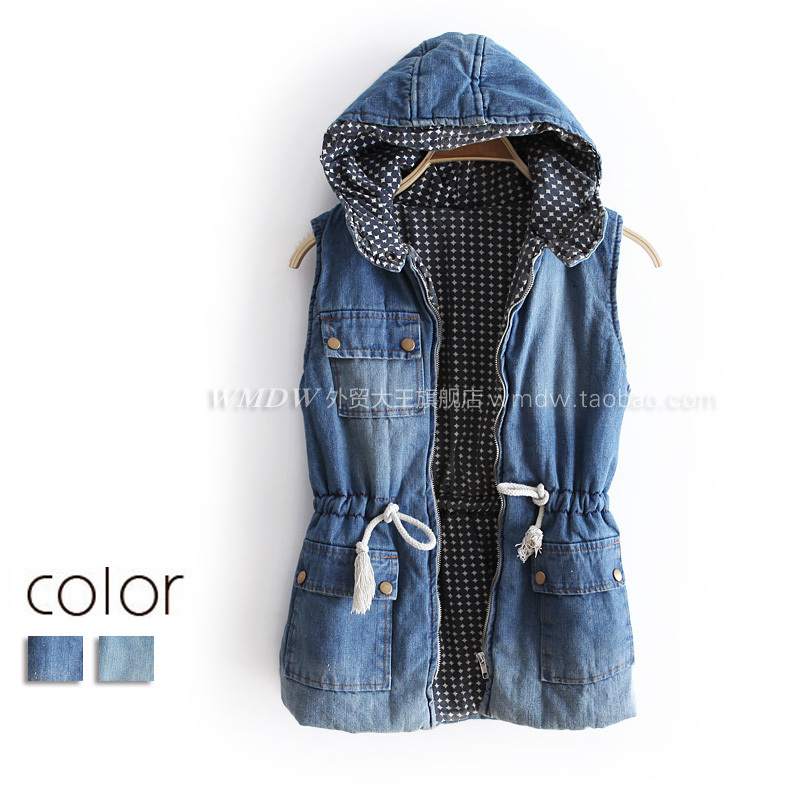 2012 autumn fashion with a hood outerwear drawstring sleeveless denim vest ww2678