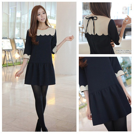 2012 Autumn Fashion Women Korean Wave Laciness Vintage Preppy Style Cute Casual Knee-Length Dress N6302