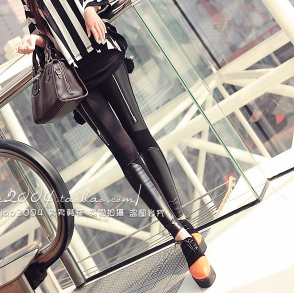 2012 autumn faux leather patchwork zipper trend ankle length legging female kk90311