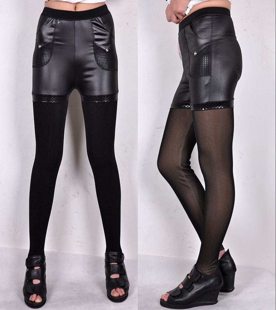 2012 autumn faux two piece legging leather shorts meat gauze tight elastic pants female