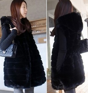 2012 autumn faux vest medium-long with a hood outerwear black