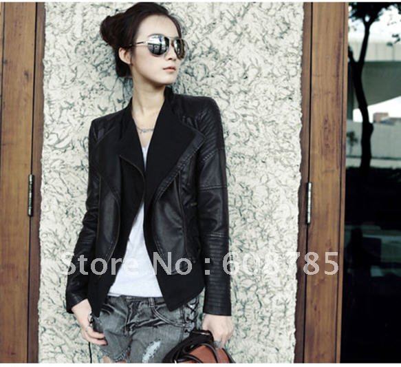 2012 autumn female fashion motorcycle short section black jacket leather jacket free shipping B0348