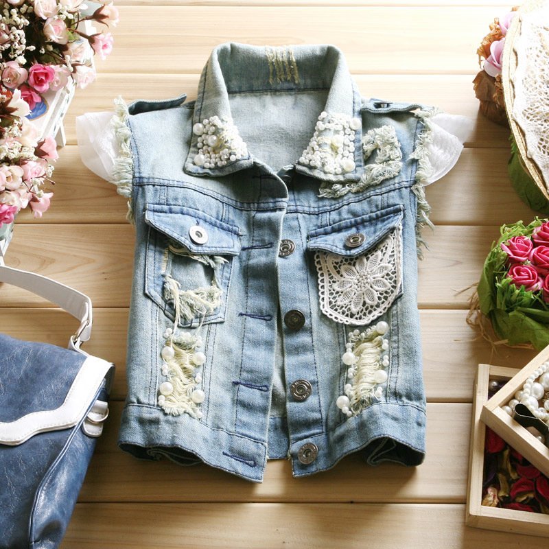 2012 autumn female fashion short jacket turn-down collar waistcoat sleeveless denim vest lace beading vest