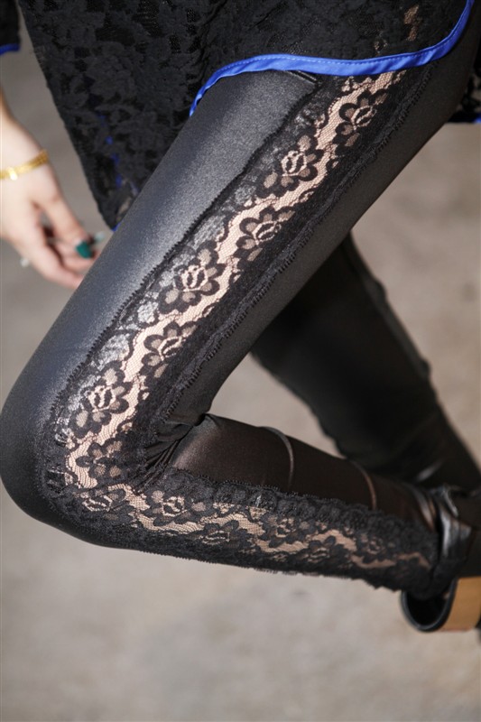 2012 autumn female faux leather of sidepiece lace patchwork sexy ankle length legging