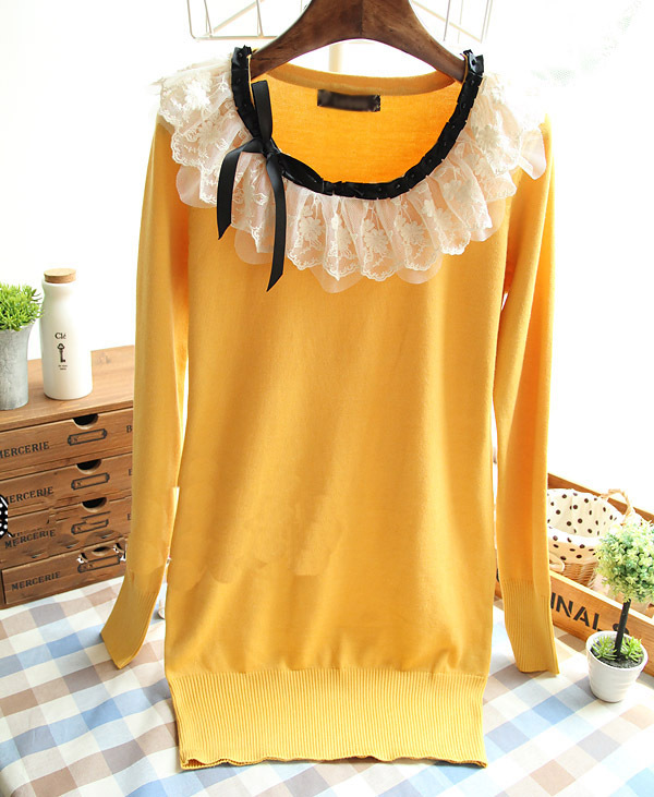 2012 autumn female lace decoration patchwork medium-long slim bow pullover sweater knitted basic shirt