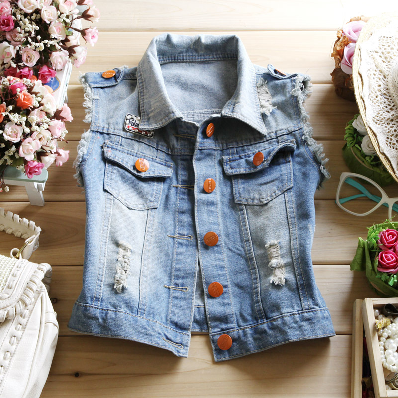 2012 autumn female water wash retro finishing letter print turn-down collar denim vest vest