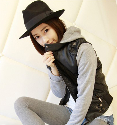 2012 autumn female with a hood patchwork motorcycle clothing PU leather jacket outerwear women's small leather clothing