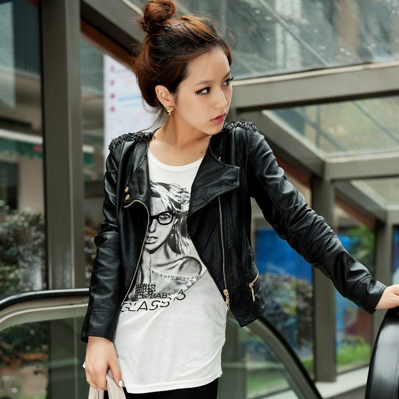 2012 autumn formal black o-neck water wash PU small leather clothing women's slim short design outerwear