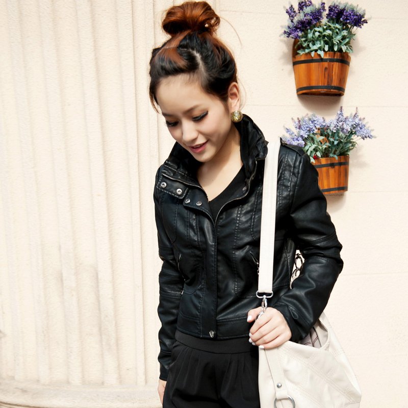 2012 autumn formal black stand collar water wash PU small leather clothing women's slim short design outerwear