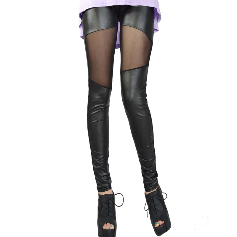 2012 autumn gauze faux leather irregular patchwork sexy tight legging female free shipping